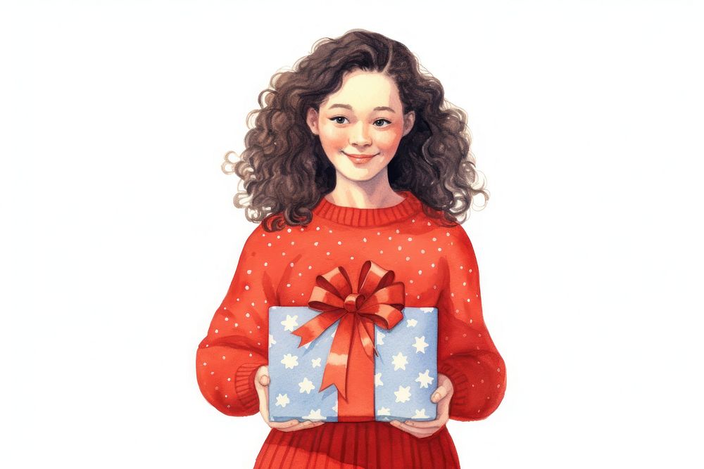 Happy girl holding christmas gift sweater white background celebration. AI generated Image by rawpixel.