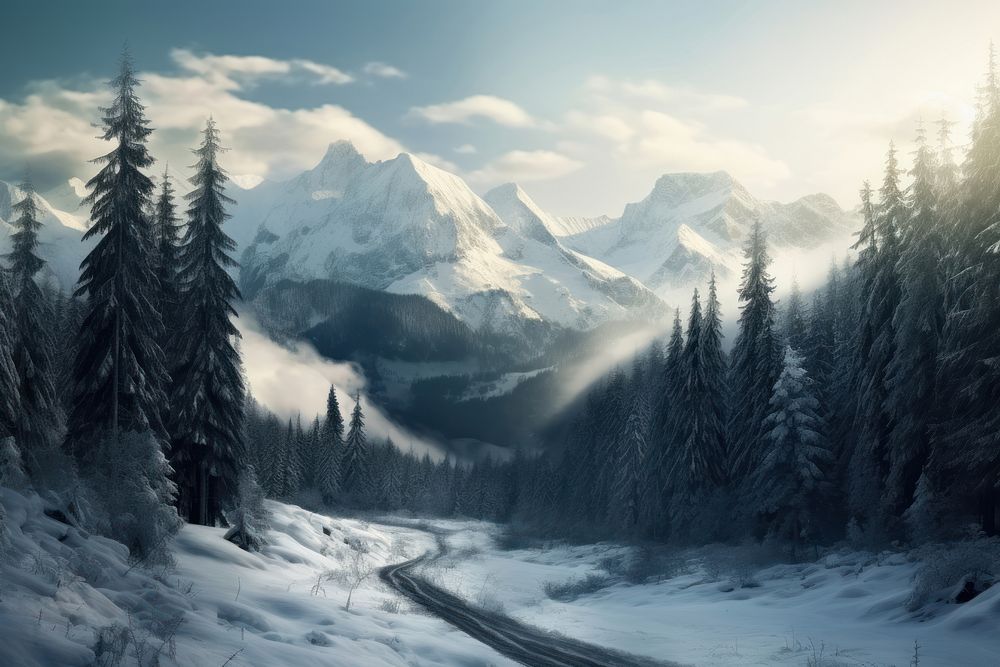 Winter mountains forest landscape panoramic. AI generated Image by rawpixel.