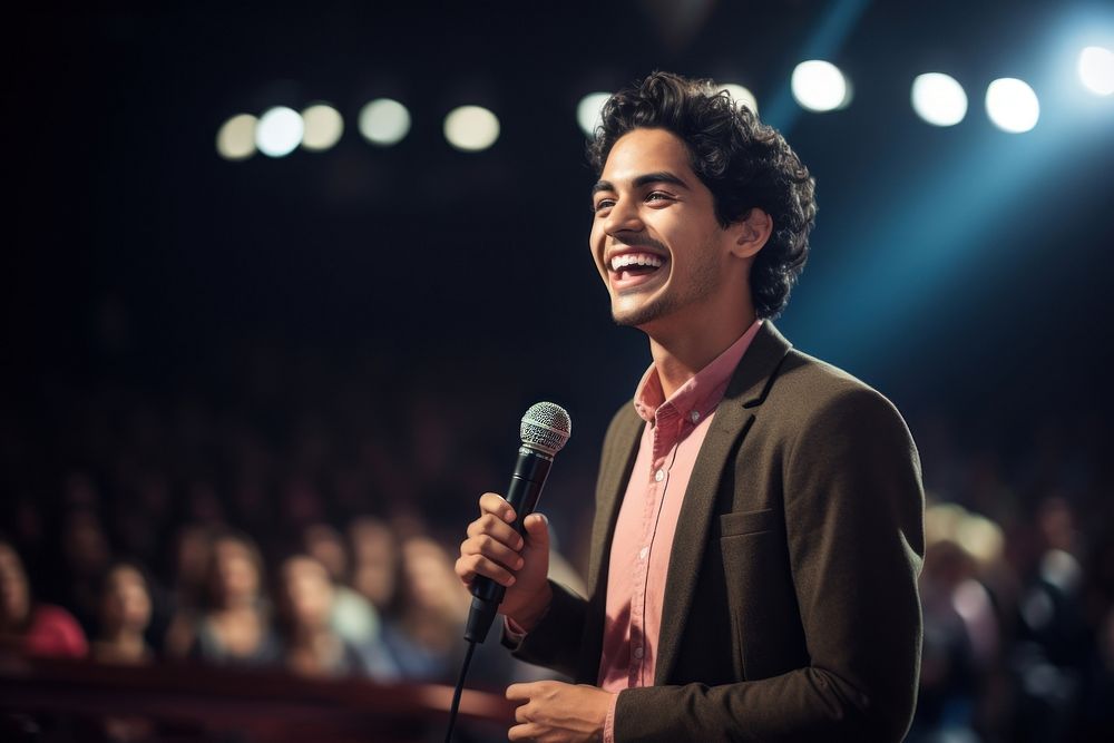 Microphone audience smiling adult. AI generated Image by rawpixel.