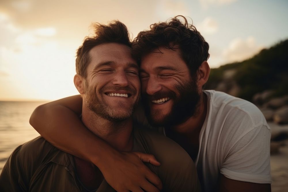 Gay couple portrait laughing outdoors. AI generated Image by rawpixel.