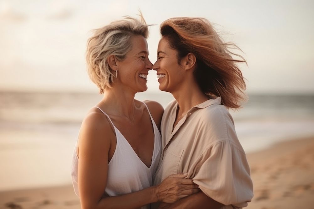 Lesbian couple portrait romance beach. AI generated Image by rawpixel.