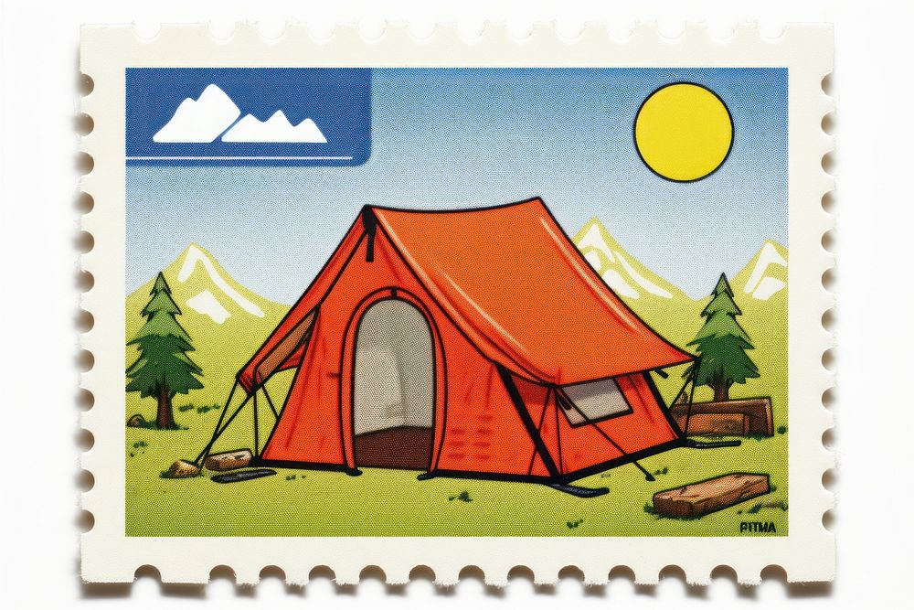 Camping outdoors tent postage stamp. AI generated Image by rawpixel.
