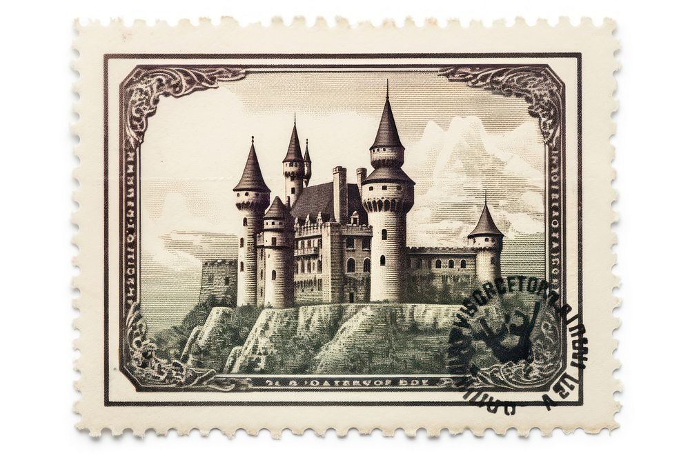 Castle vintage architecture postage stamp currency. AI generated Image by rawpixel.