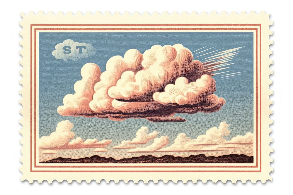 Cloudy sky vintage illustration postage stamp outdoors missile. AI generated Image by rawpixel.