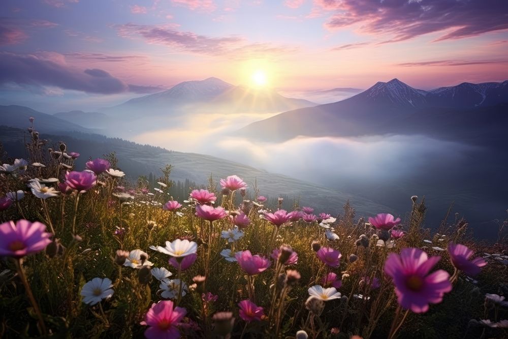 Mountain nature flower landscape. AI generated Image by rawpixel.