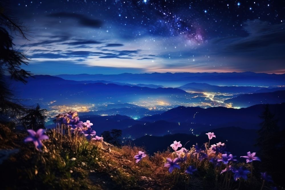 Nature flower night sky. AI generated Image by rawpixel.