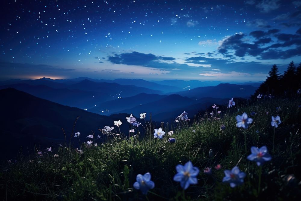 Mountain nature flower night. AI generated Image by rawpixel.
