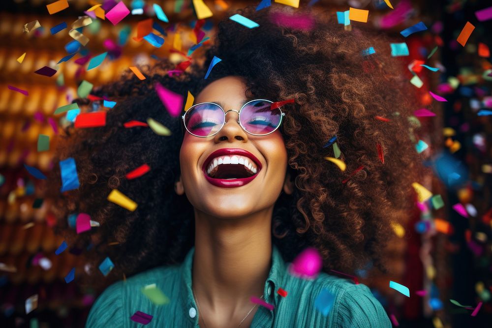 Woman celebrating laughing confetti glasses. AI generated Image by rawpixel.