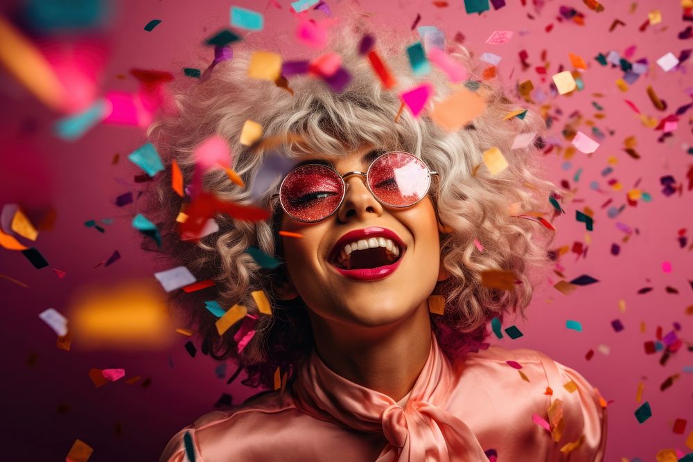 Woman celebrating confetti laughing party. 