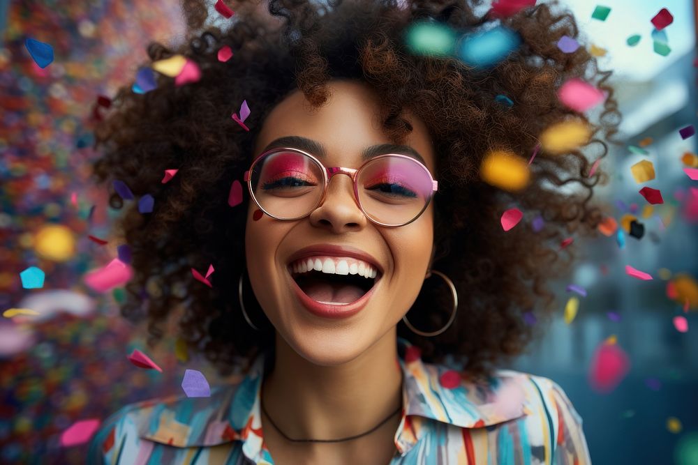 Black woman celebrating confetti laughing smile. AI generated Image by rawpixel.
