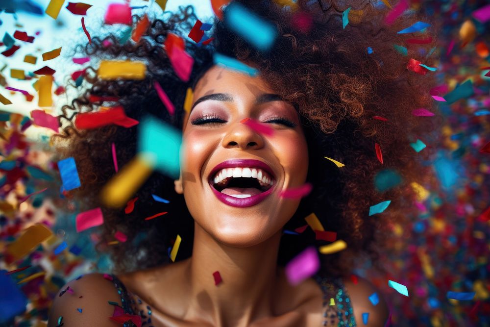 Black woman celebrating laughing confetti smile. AI generated Image by rawpixel.