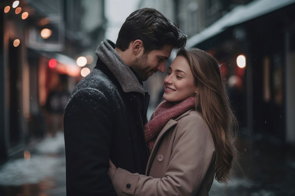 Young couple embracing romantic romance street. AI generated Image by rawpixel.