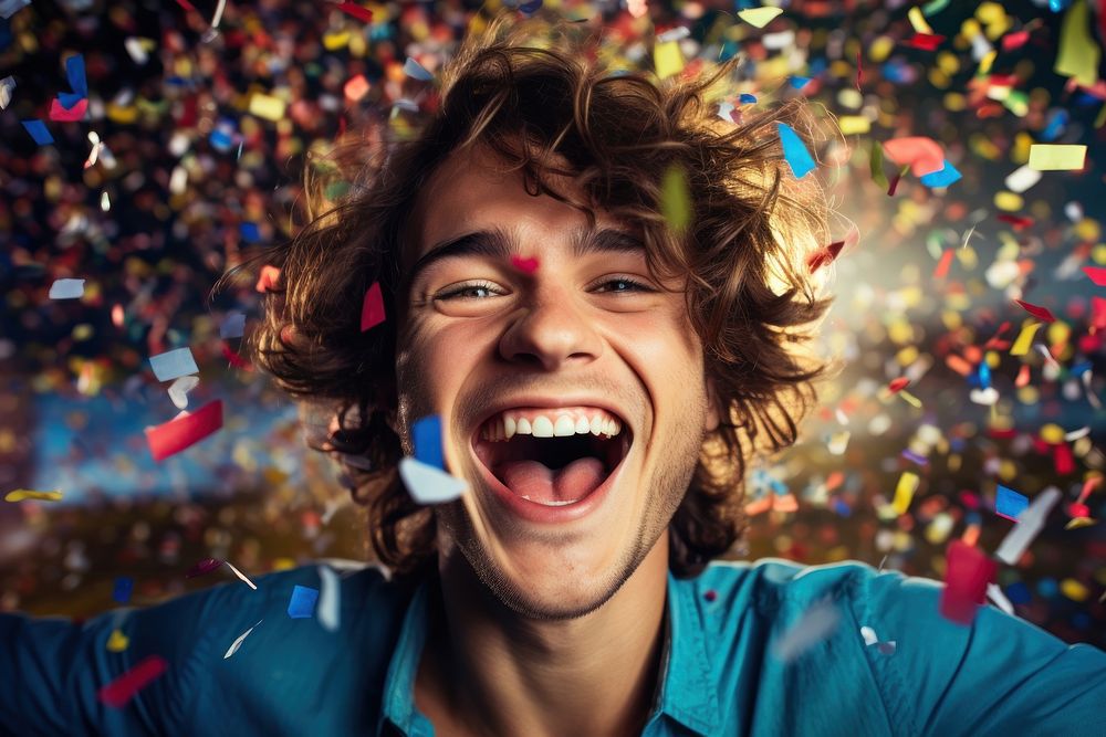 Man celebrating confetti laughing portrait. AI generated Image by rawpixel.