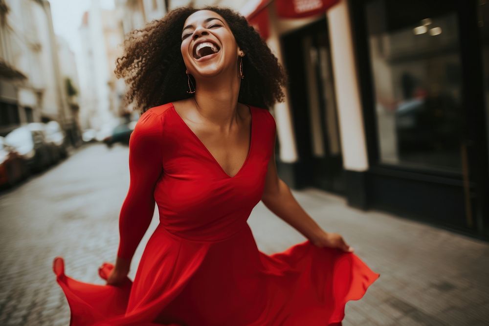 Red dress laughing shouting fashion. AI generated Image by rawpixel.