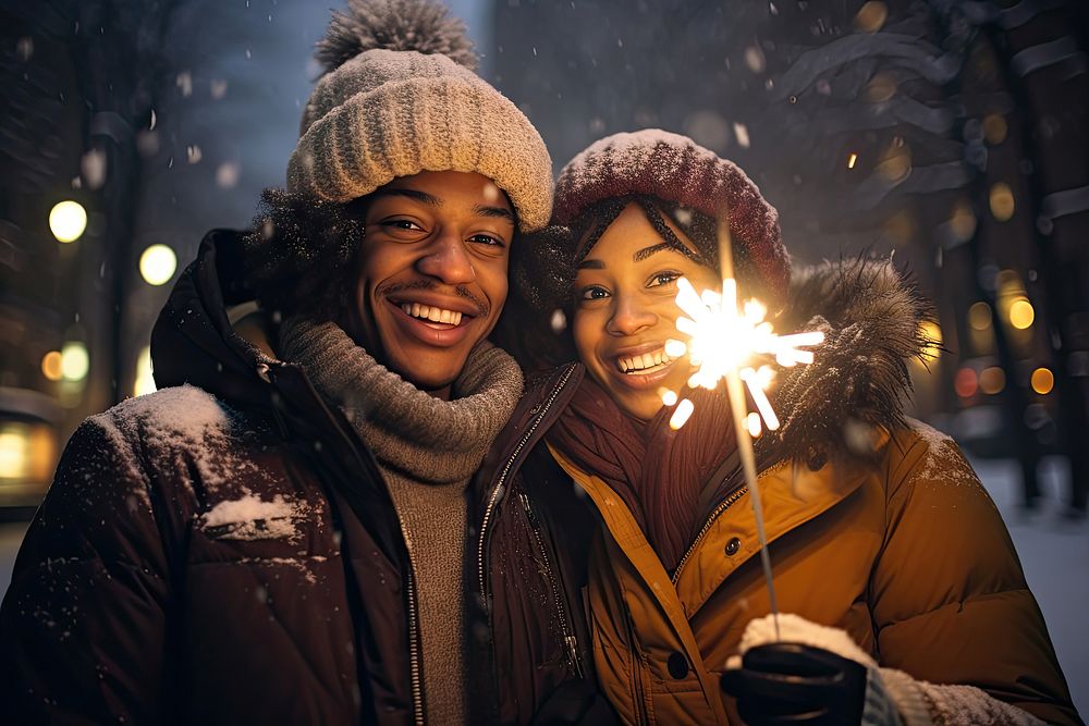 Couple holding glow sticks outdoors winter adult. AI generated Image by rawpixel.