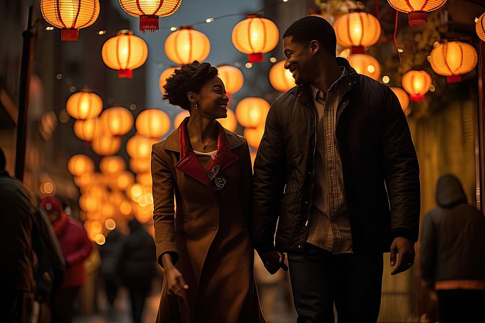 Couple walking lantern tradition street. AI generated Image by rawpixel.
