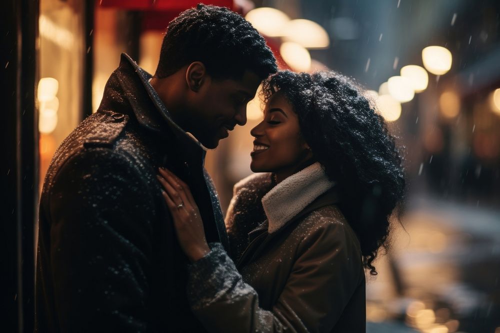 Black couple embracing romantic romance street. AI generated Image by rawpixel.
