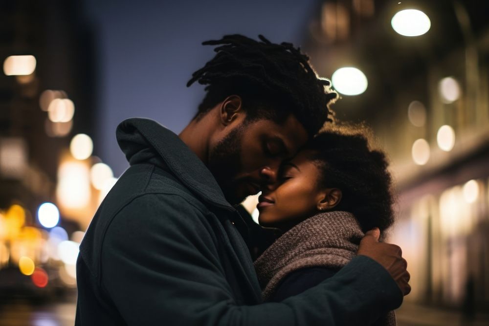 Black couple embracing photography outdoors portrait. AI generated Image by rawpixel.