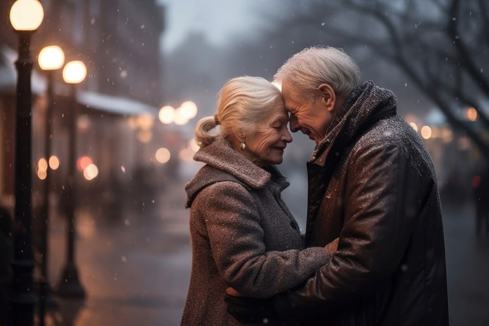 Elderly couple embracing romantic romance winter. AI generated Image by rawpixel.