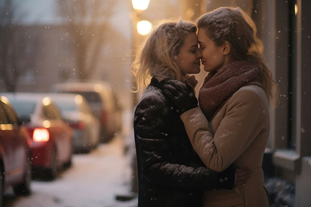 Lesbian couple embracing outdoors romantic romance. AI generated Image by rawpixel.