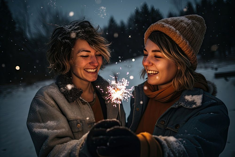 Couple holding glow sticks outdoors sparkler winter. AI generated Image by rawpixel.