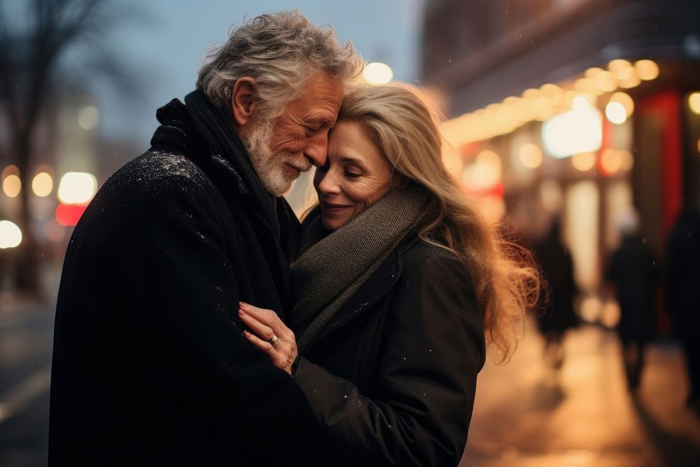 Mature couple embracing romance street winter. AI generated Image by rawpixel.