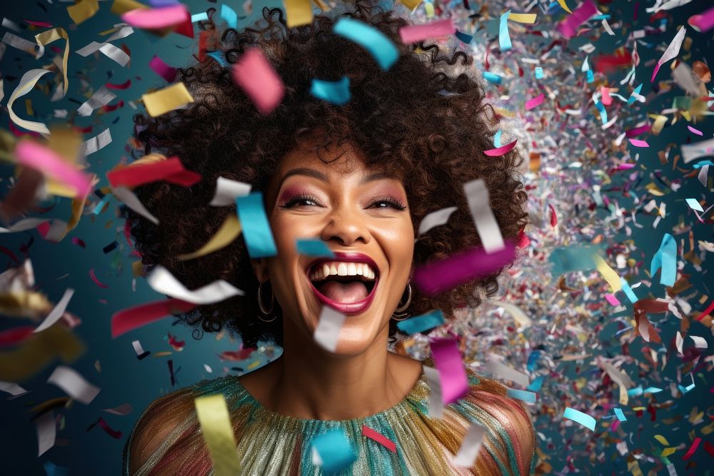 Black woman celebrating confetti laughing portrait. AI generated Image by rawpixel.