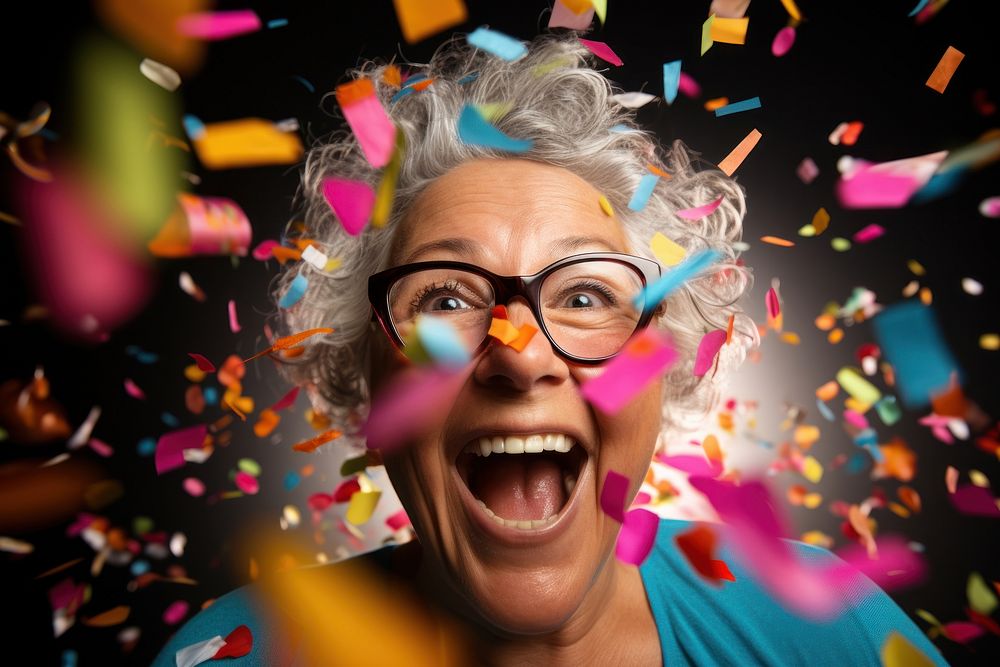 Woman celebrating confetti portrait glasses. AI generated Image by rawpixel.