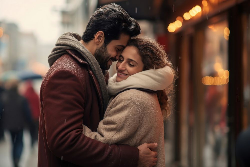 Middle eastern couple embracing romance street adult. AI generated Image by rawpixel.