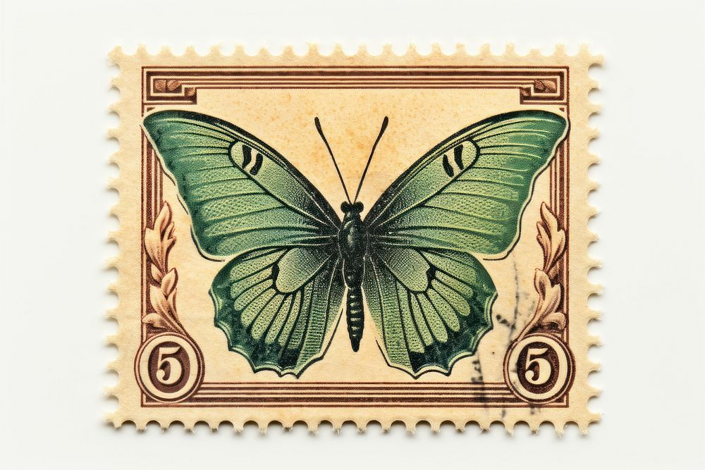 Flying butterfly postage stamp pattern insect. AI generated Image by rawpixel.