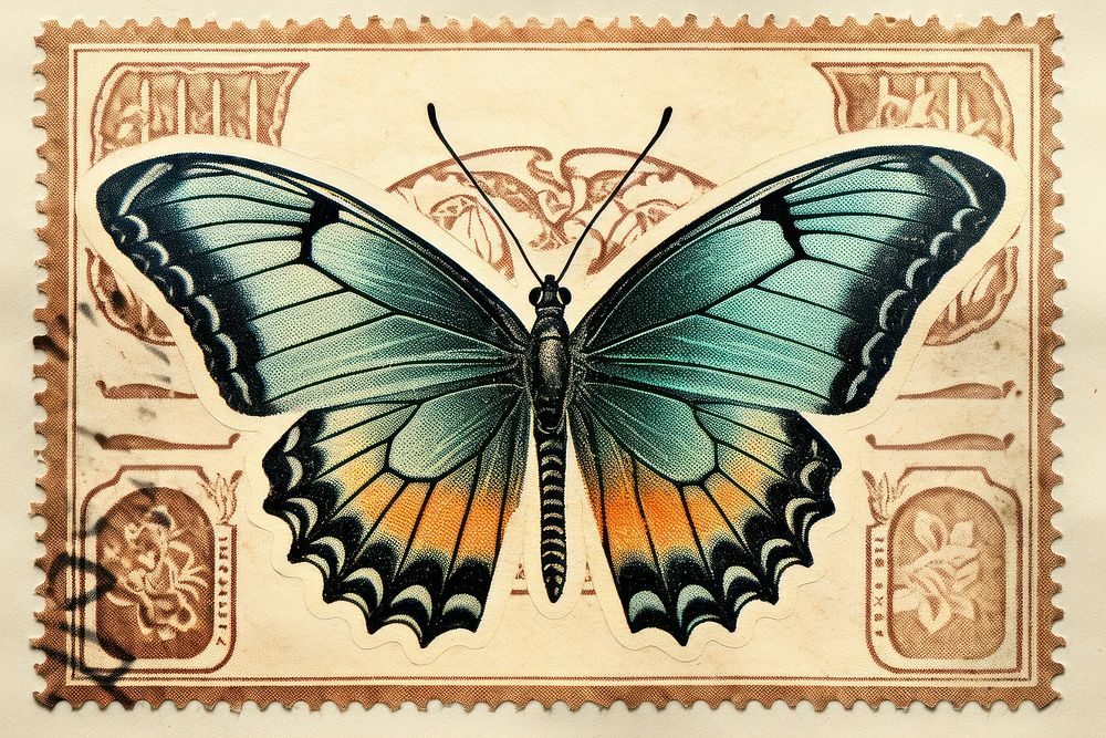 Flying butterfly animal insect postage stamp. AI generated Image by rawpixel.