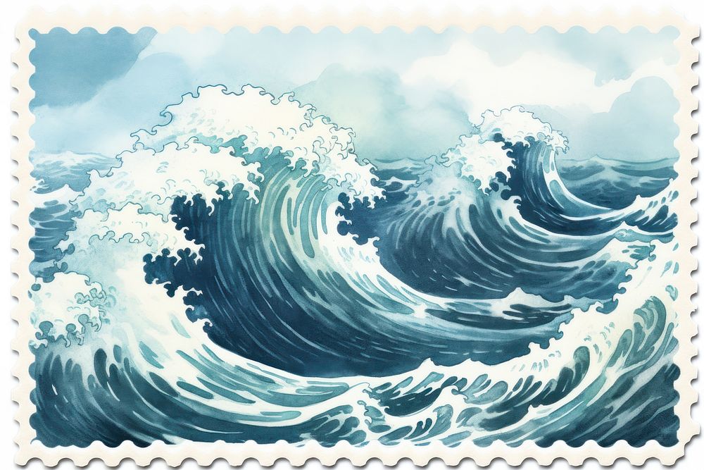 Ocean waves graphic illustration nature sea postage stamp. AI generated Image by rawpixel.