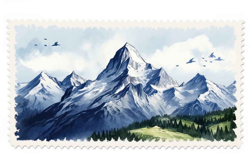 Mountain illustration nature transportation postage stamp. AI generated Image by rawpixel.