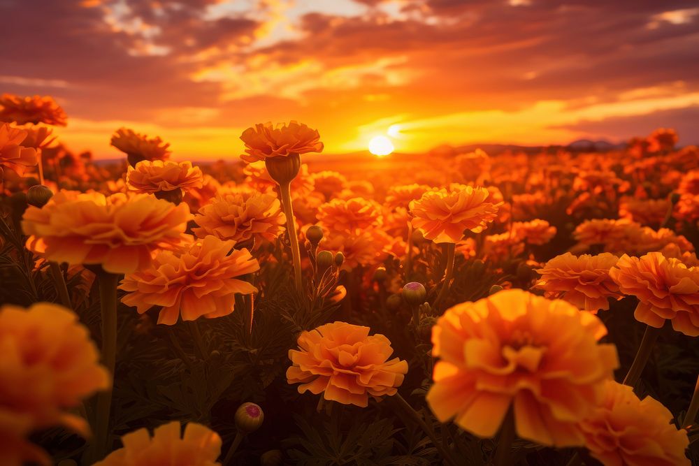 Marigold flower nature sunset. AI generated Image by rawpixel.