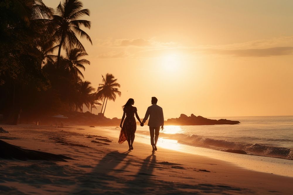 Singaporean couple walking summer beach. AI generated Image by rawpixel.