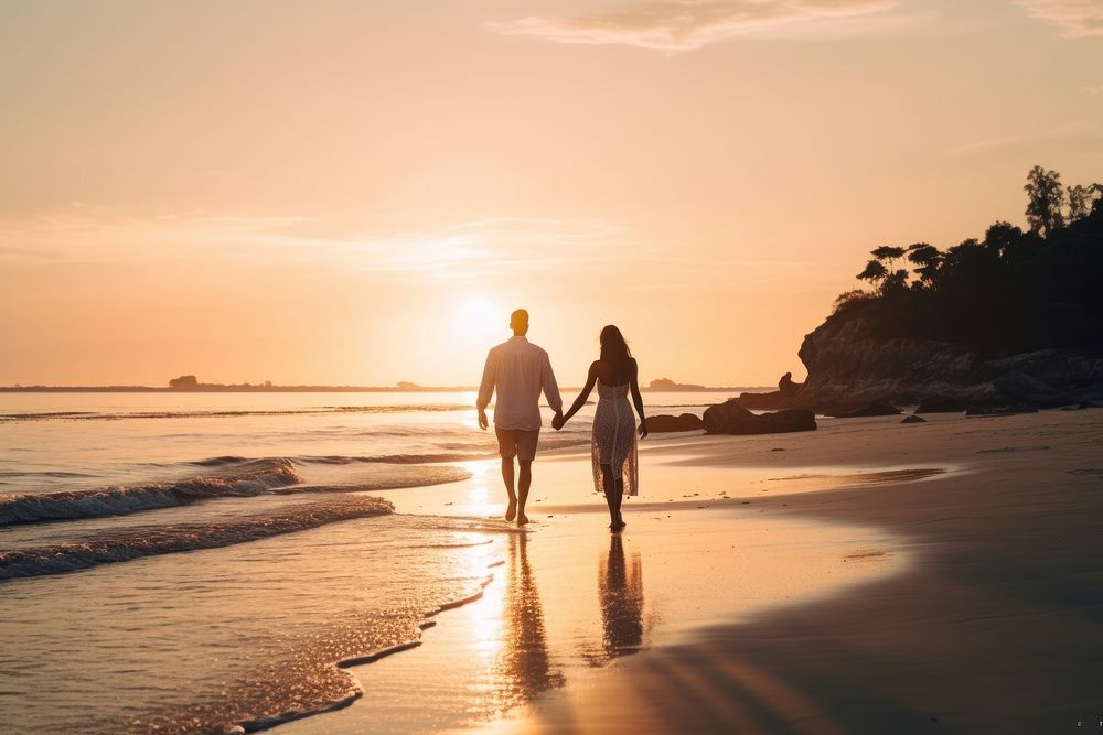 Singaporean couple walking summer beach. AI generated Image by rawpixel.