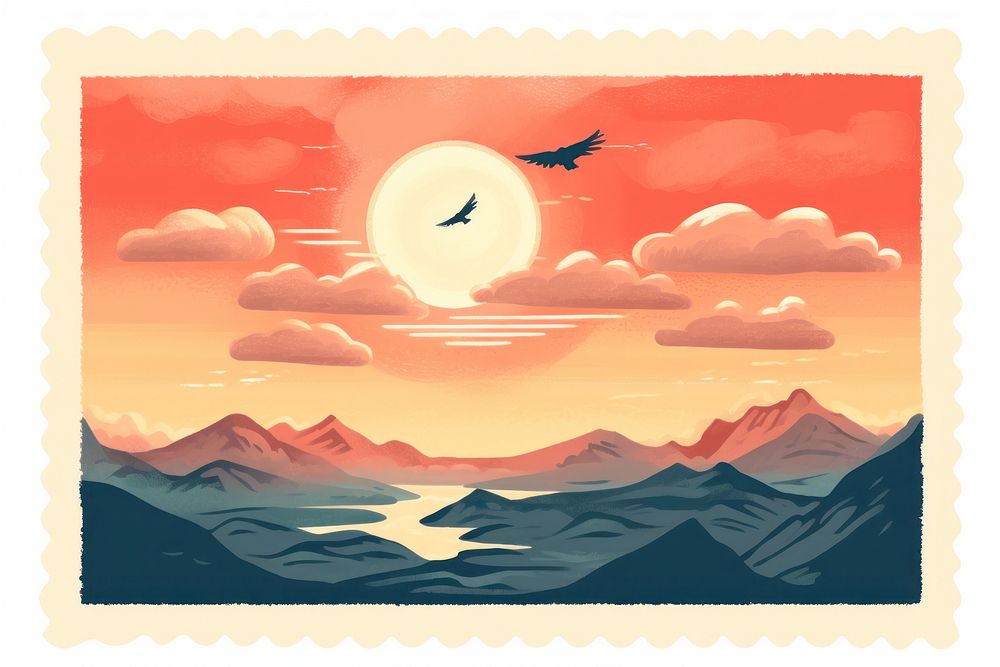 Sunset sky vintage illustration outdoors nature postage stamp. AI generated Image by rawpixel.