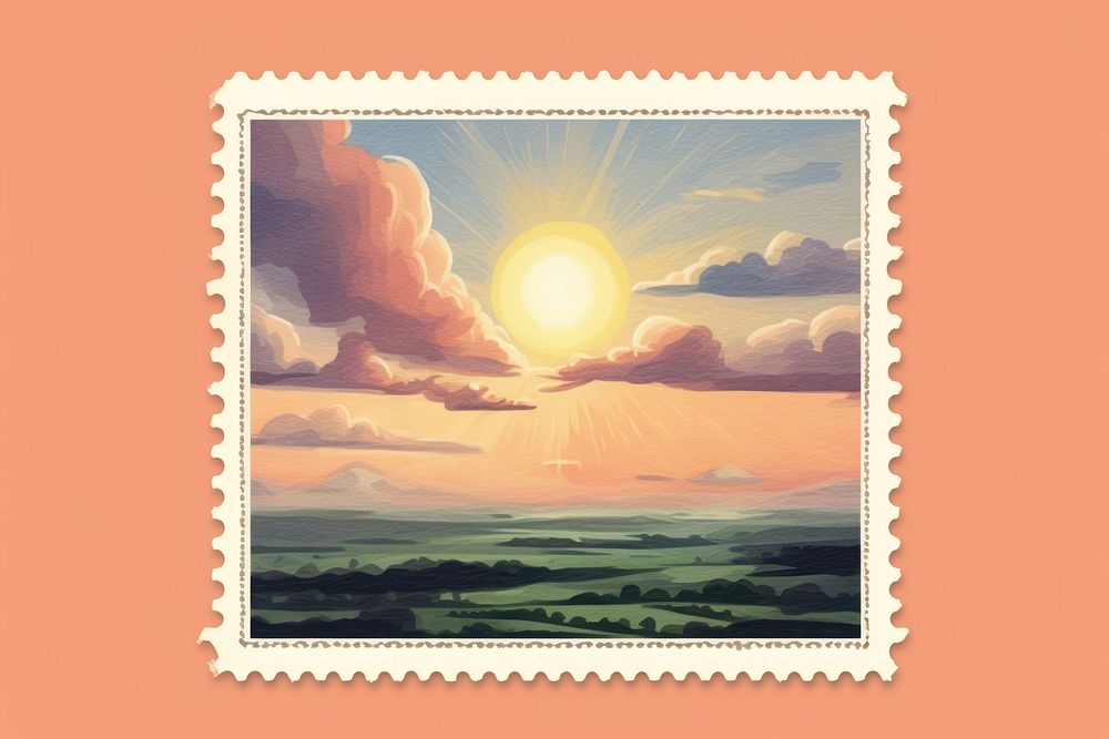 Sunset sky vintage illustration nature art postage stamp. AI generated Image by rawpixel.