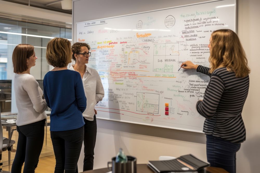 Team meeting whiteboard adult women. AI generated Image by rawpixel.
