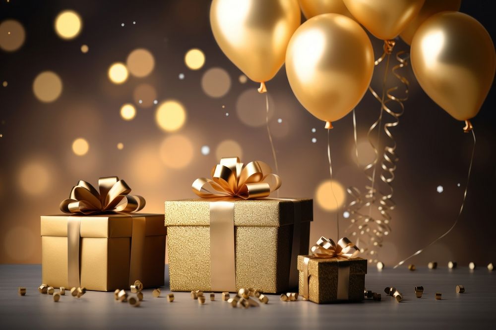 Gift box balloon confetti gold. AI generated Image by rawpixel.
