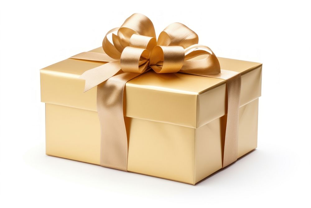 Gift box ribbon gold white background. AI generated Image by rawpixel.