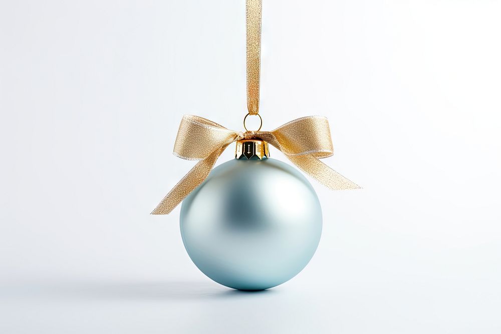 Christmas bauble ribbon blue white background. 