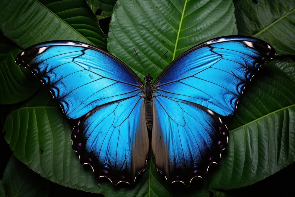 Blue morpho butterfly leaf animal insect. AI generated Image by rawpixel.