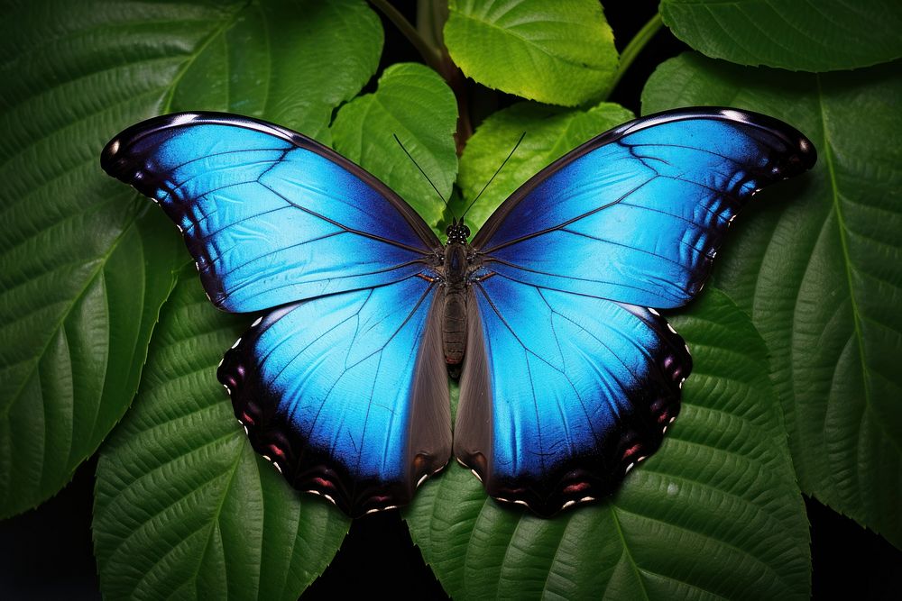 Blue morpho butterfly leaf insect animal. AI generated Image by rawpixel.