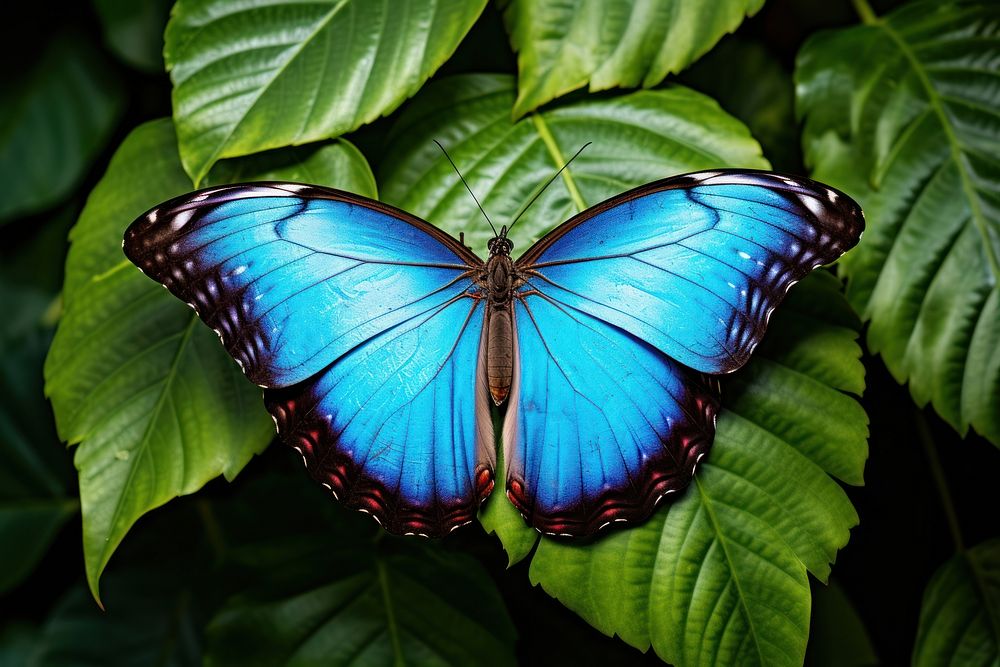 Blue morpho butterfly leaf animal insect. AI generated Image by rawpixel.