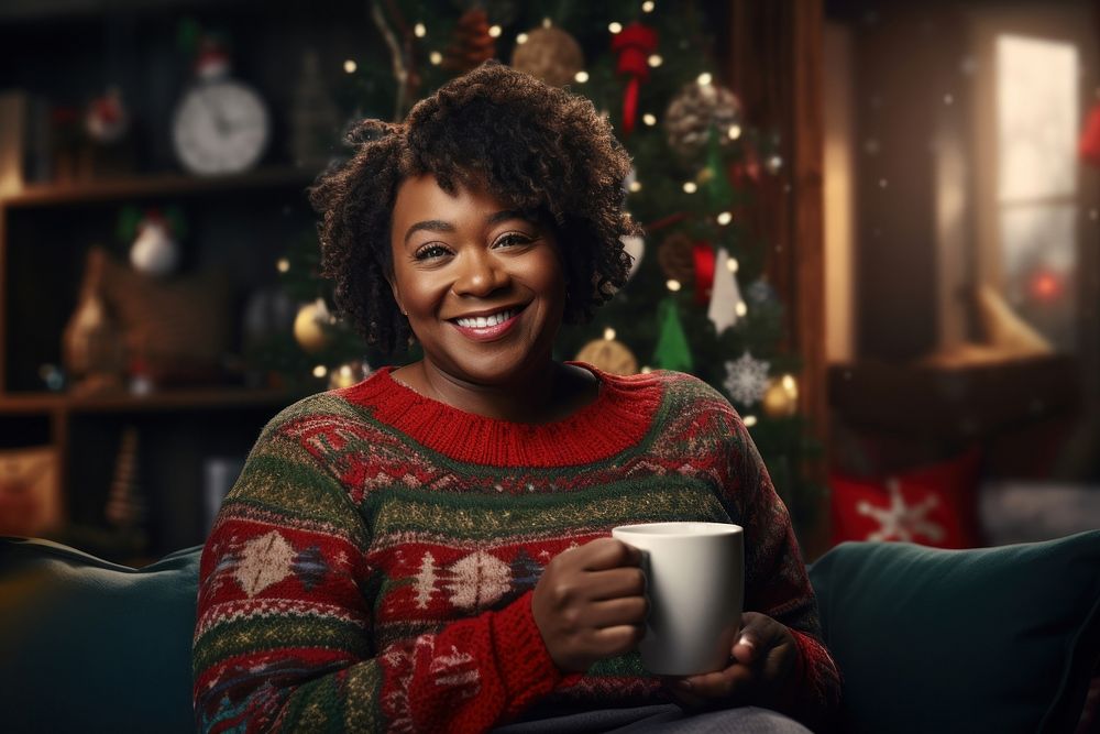 Black woman sweater mug christmas. AI generated Image by rawpixel.