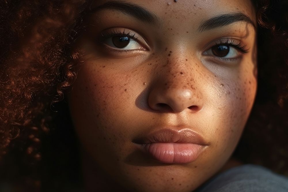 Black woman skin freckle contemplation. AI generated Image by rawpixel.
