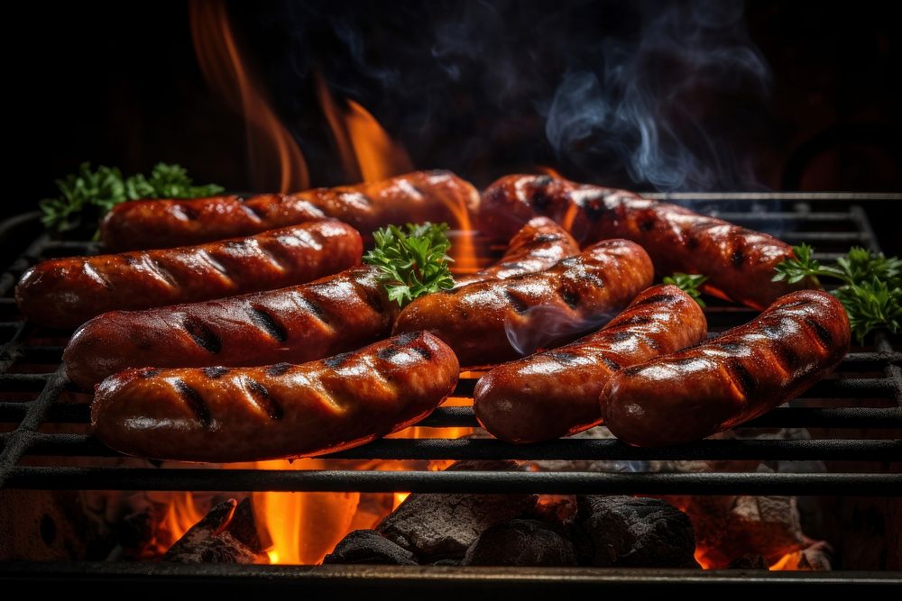 Sausages cooking grilling food. AI generated Image by rawpixel.