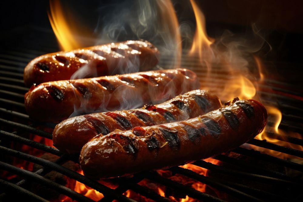 Sausages cooking grilling flame. AI generated Image by rawpixel.