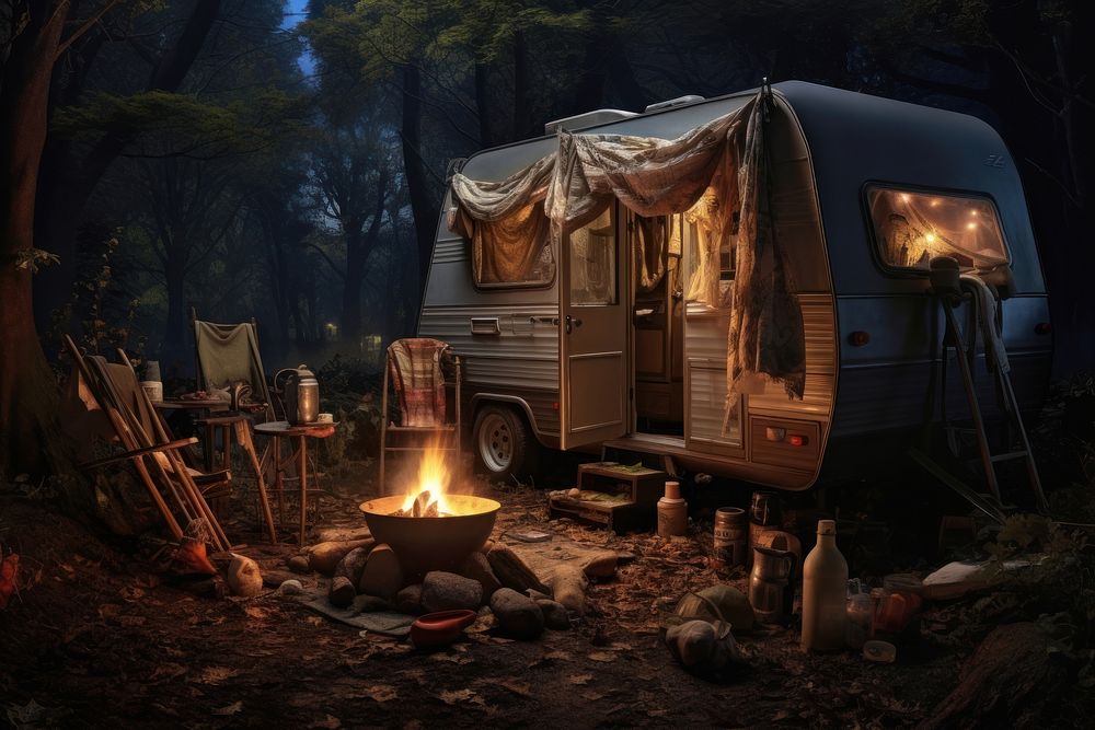 Camping outdoors vehicle fire. AI generated Image by rawpixel.